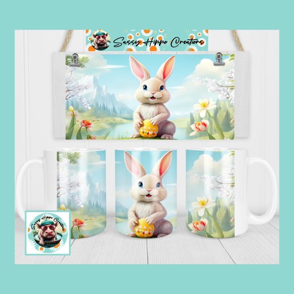 Ceramic Coffee Mug Easter Bunny Eggs Spring Flowers 15oz Hand Sublimated - Picture 1 of 4